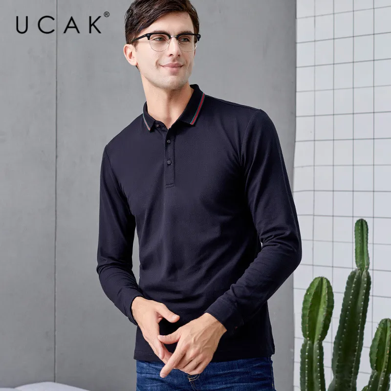 

UCAK Brand Solid T-Shirts Men New Arrival Spring Autumn Tshirts Turn-down Collar Long Sleeves Steetwear Fashion T Shirt U5024
