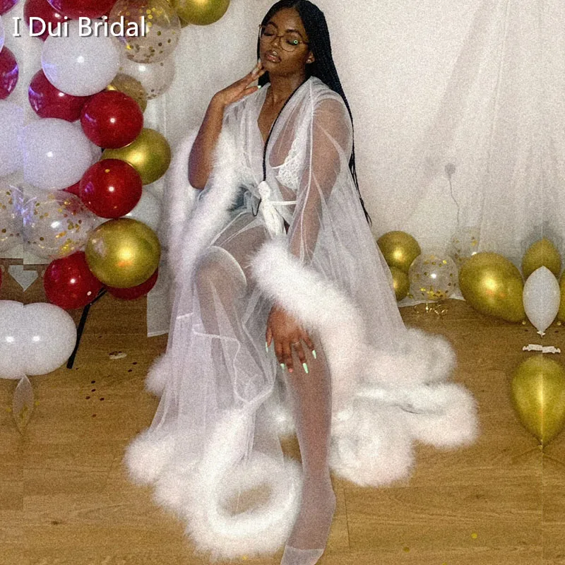 Ivory Feather Bridal Robe Tulle Illusion Long Wedding Scarf Made Feather Birthday Robe Intimate Apparel