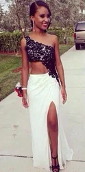 Unique Design One Shoulder Prom 2018 Sexy Side Split Evening Gown Chiffon Black Lace Sheath Formal mother of the bride dresses