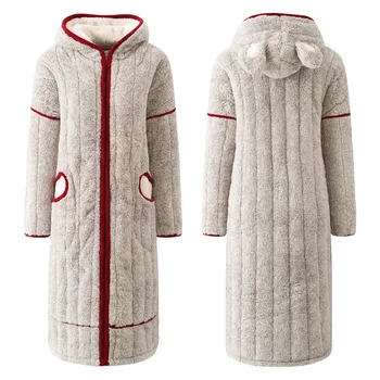 

2019 New Flannel Women Winter Bathrobe Lovely Zipper Hooded Long Bath Robes Female Home Wear Thick Warm Dressing Gown