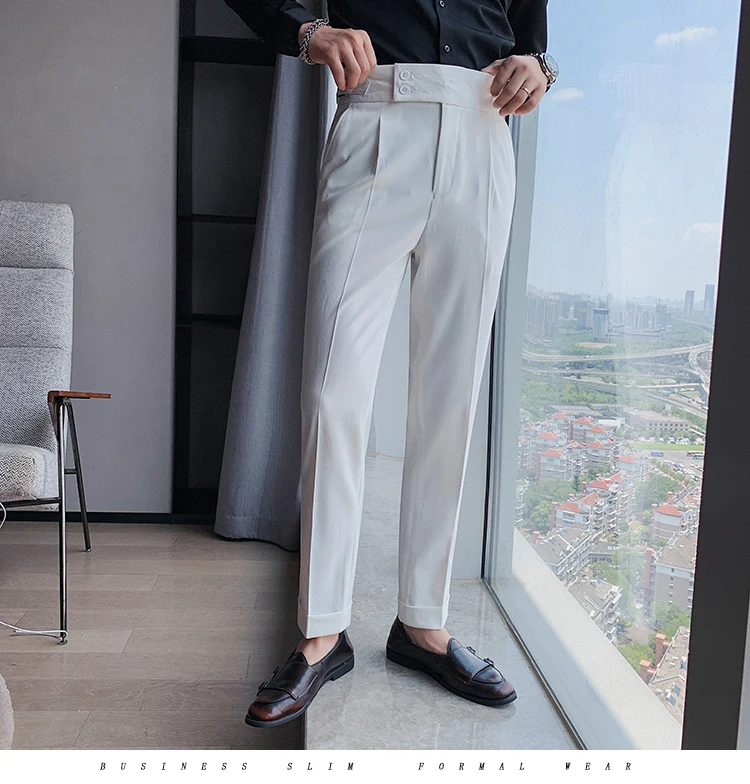 British Style Autumn New Solid High Waist Trousers Men Formal Pants 2022 High Quality Slim Fit Business Casual Suit Pants Hommes casual blazer