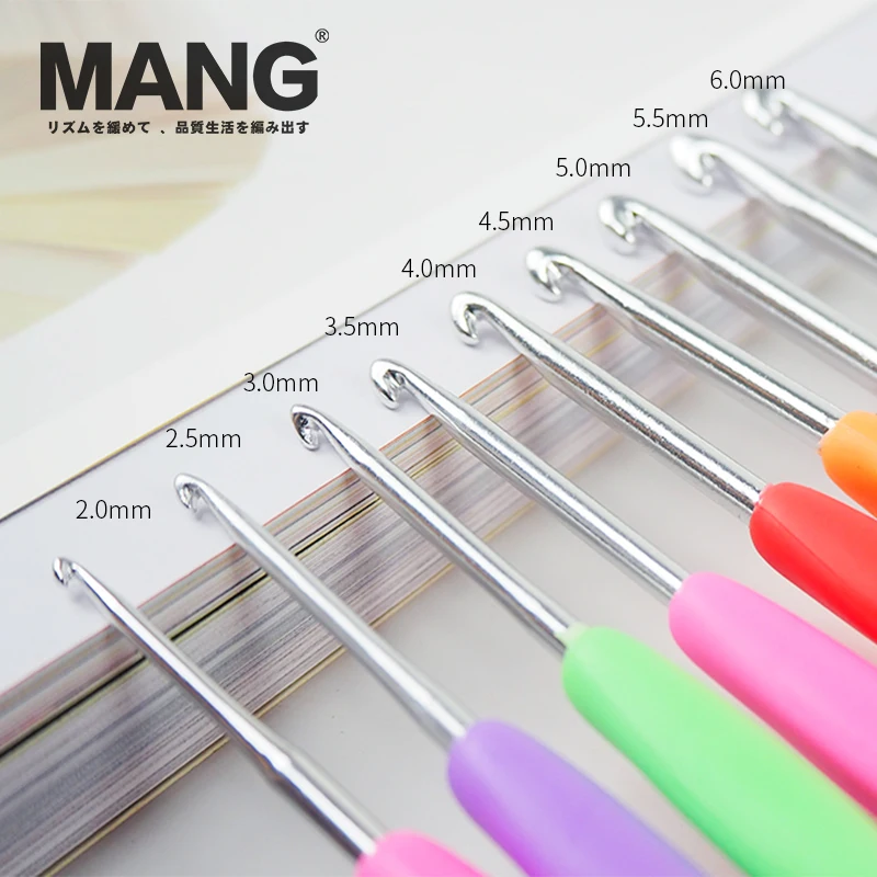 MANG 9Pcs Candy-colored Soft Rubber Handle Metal Crochet Hooks Set