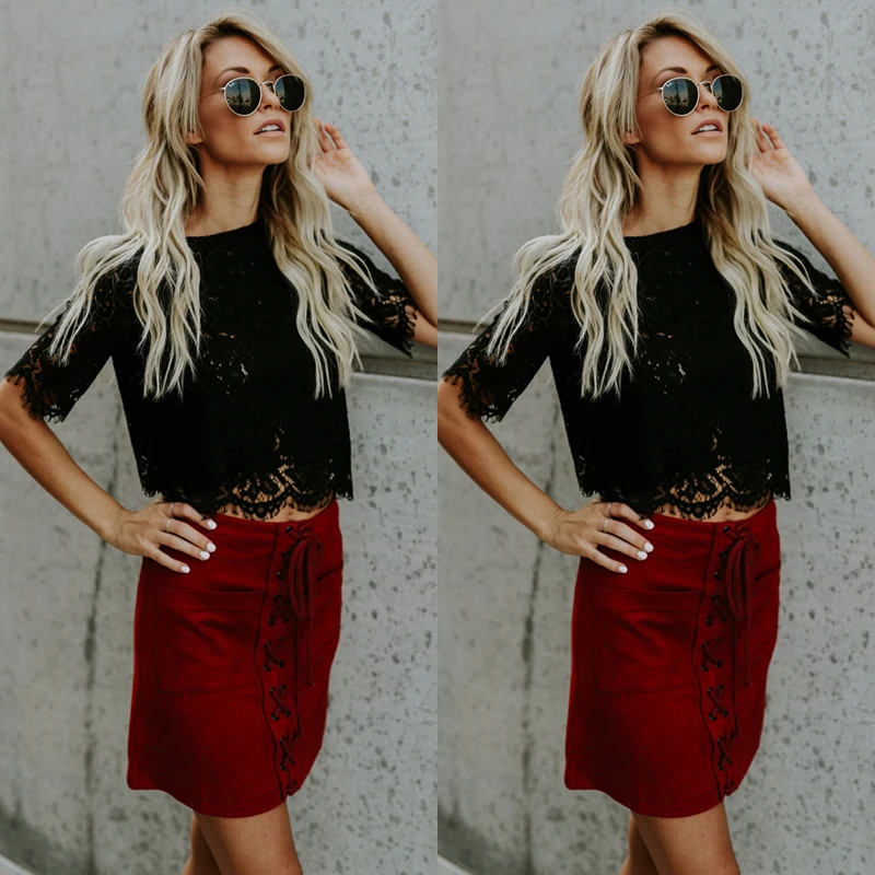 2019 Red Loose Blouse Women Short Sleeve Tops Shirt Casual Lace Tops Shirt Fashion Women Ladies Clothing Tops