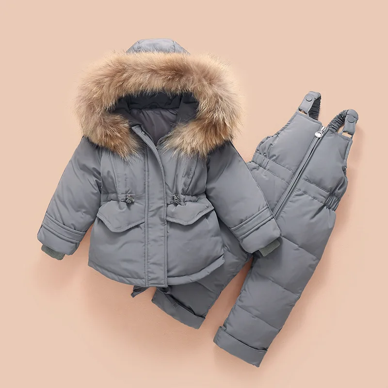 30 градусов, Россия, зимние комплекты одежды для детей, детские куртки на утином пуху, Детские пальто+ детский спортивный костюм комбинезон, детский зимний комбинезон - Цвет: Темно-серый