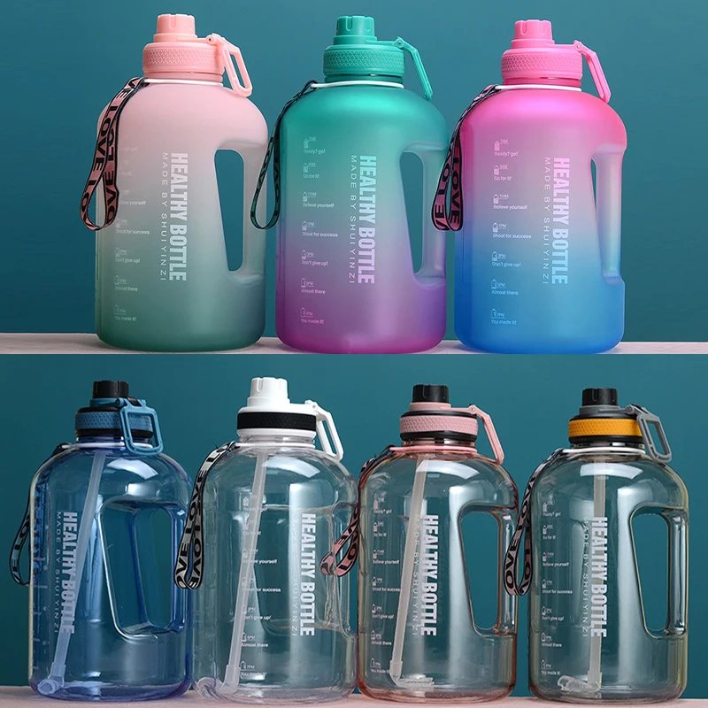 Hot Gradient Sports Water Bottle 2.2L Large Capacity Cup Outdoor Fitness Portable Straw Big Plastic Ton Barrel Botella Colorful