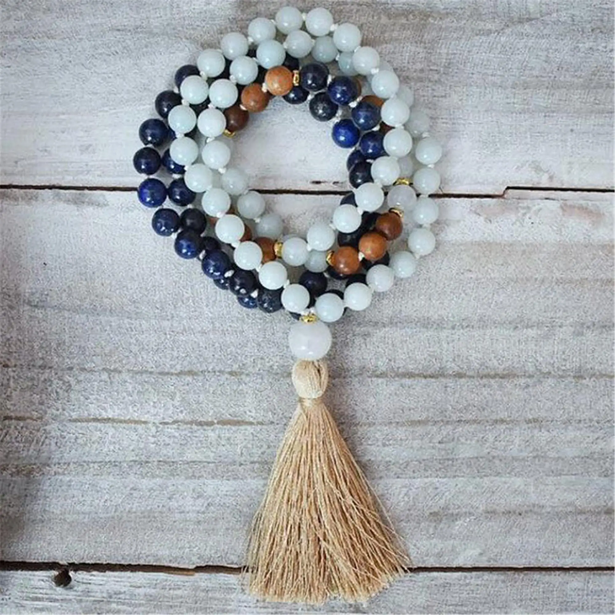 

8mm Amazonite Lapis Lazuli 108 Beads Gemstone Mala Necklace Religious Unisex Cuff Mala Yoga Prayer Tassel