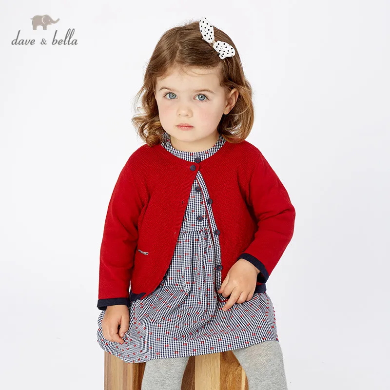 DB11769-1 dave bella/осенний модный красный однотонный кардиган для маленьких девочек, Детское пальто для малышей, Детский милый вязаный свитер