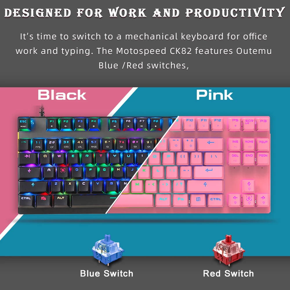 Original Motospeed CK82 Gaming Mechanical Keyboard USB Wired 87 keys with RGB Backlight Red/Blue Switch for PC Computer Gamer