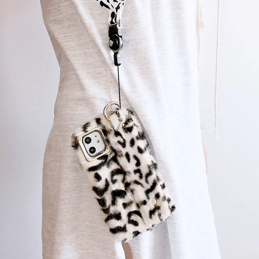 Леопардовый плюшевый пушистый меховой чехол для телефона с шейным шнурком Шнур для iPhone 11 Pro Xs Max Xr X 6 6s 7 8 Plus ремешок на запястье мягкий чехол - Цвет: Style3-BW-White