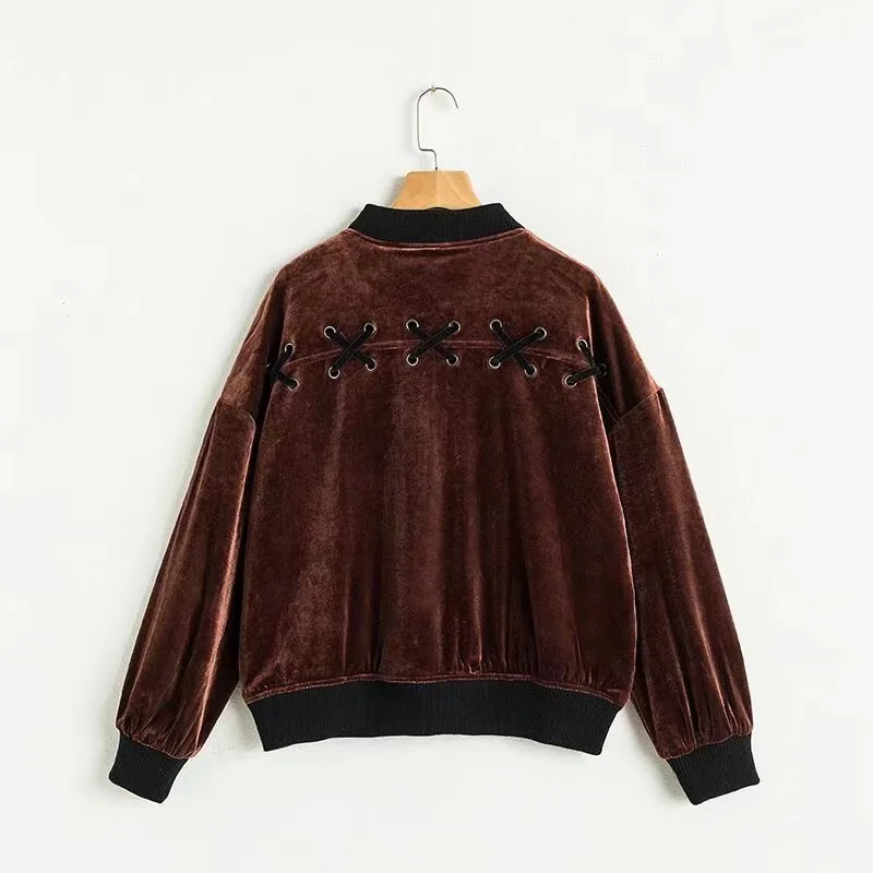 

Spring New Style Europe And America WOMEN'S Dress Loose Bandage Cloth Joint Street Velvet Baseball Jacket W1686