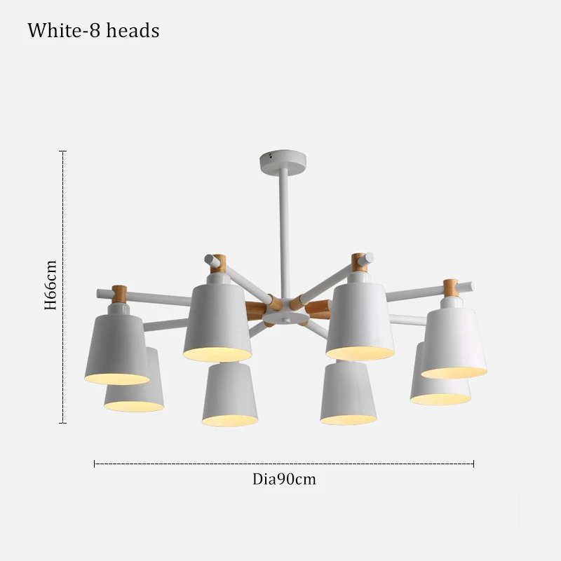 White-8 heads Люстра в скандинавском стиле для гостиной, спальни, столовой, зеленая/серая/Розовая/белая железная деревянная лампа, люстра E27, осветительные приборы - Цвет абажура: White-8 heads