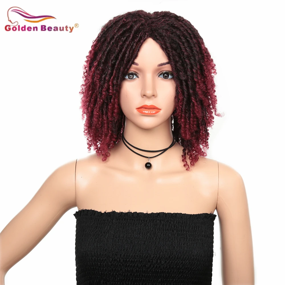 Pelucas cortas de 14 pulgadas para mujeres negras, pelo sintético de Rastas, ombré, negro, trenza de ganchillo, resistente al calor, belleza dorada