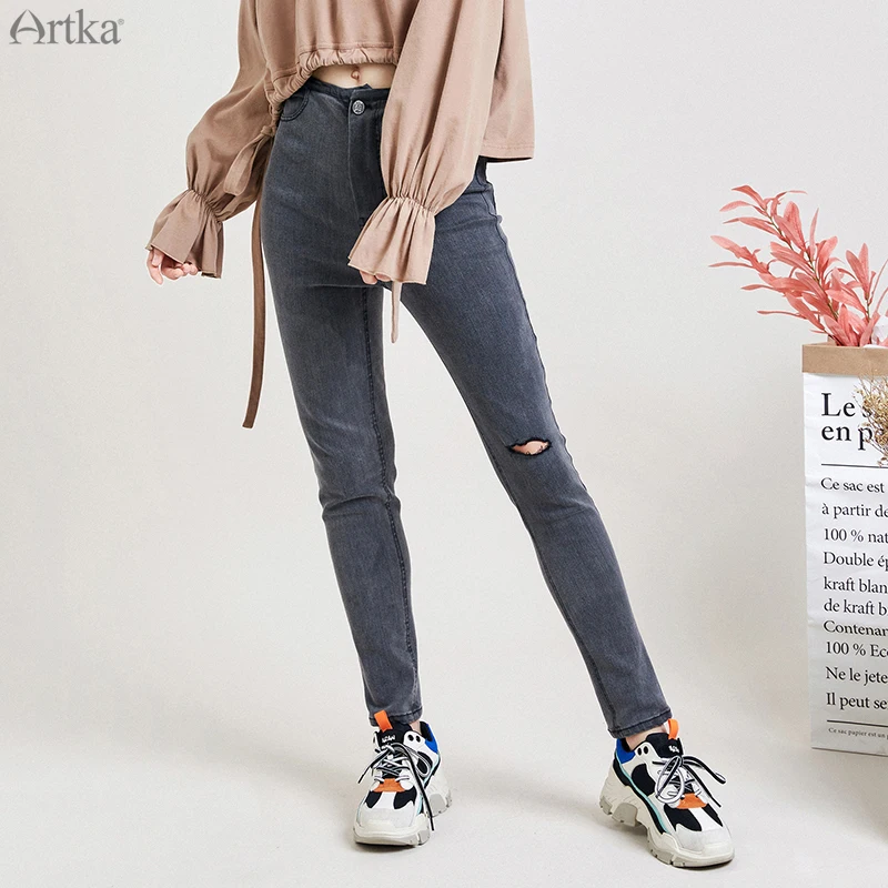 ARTKA осенние новые женские джинсы модные повседневные рваные джинсы Эластичные Обтягивающие джинсы джинсовые брюки-карандаш черные KN15391Q