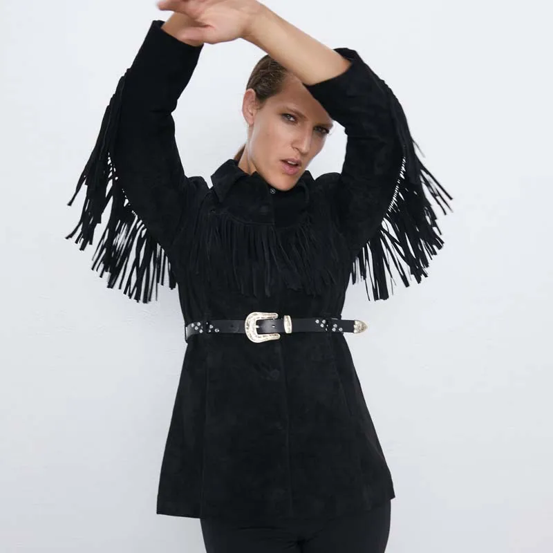 Черная Женская кисточка куртка из искусственной кожи с бахромой с поясом с длинным рукавом женская пальто свободная Мода YNZZU 9O034