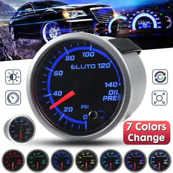 

Universal 12V 2" 52mm Oil Pressure Pointer Gauge 0-10 Bar/0-140 PSI 7 Color LED Black Face Oil Press Meter with Sensor