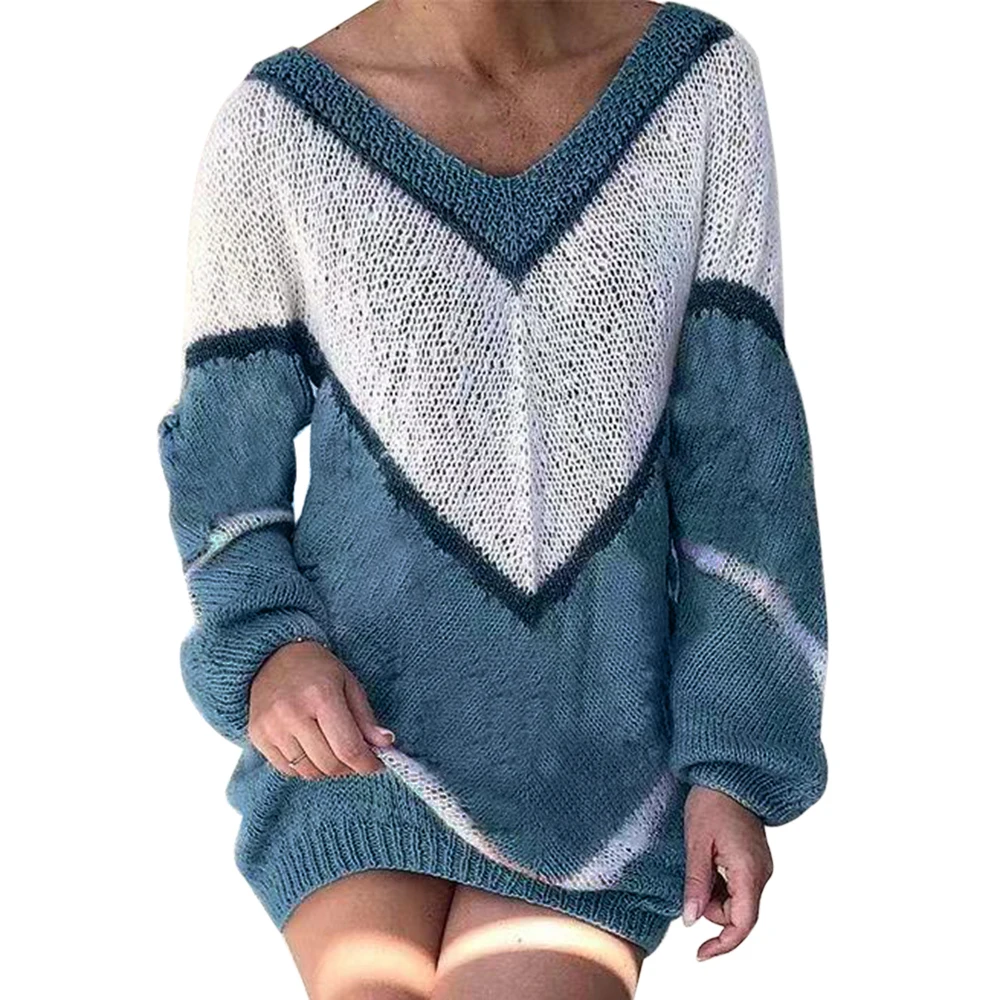 

Puimentiua New Arrival Womens Dresses Loose Patchwork Vestidos Tops Femme V-Neck Sexy Sweater Dress Long Sleeve Mini Dress S-3XL