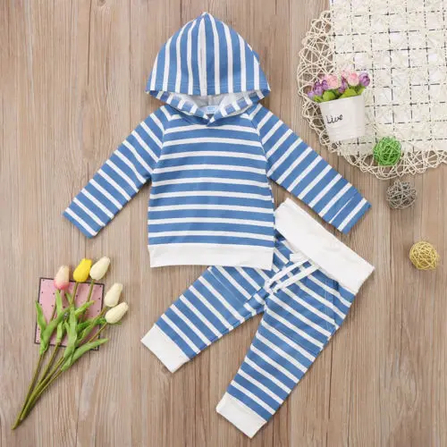 Imcute/2 предмета, одежда для малышей, подарок, одежда для маленьких мальчиков и девочек футболка с капюшоном и принтом в виде ушей топ+ штаны комплект одежды в полоску