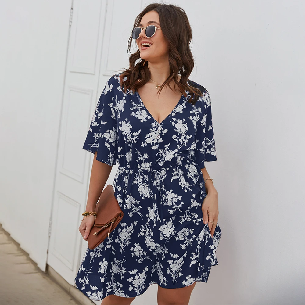 Vestido de verano de manga corta con estampado Floral, bohemio, playero, informal, con cuello en V, talla grande XL-4XL, 2021