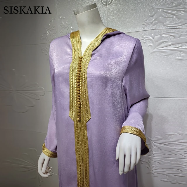 Siskakia Modest Muslim Hooded Abaya Dress for Women Purple Ramadan Eid Moroccan Kaftan Robe Turkish Arabic Jalabiya champagne 5