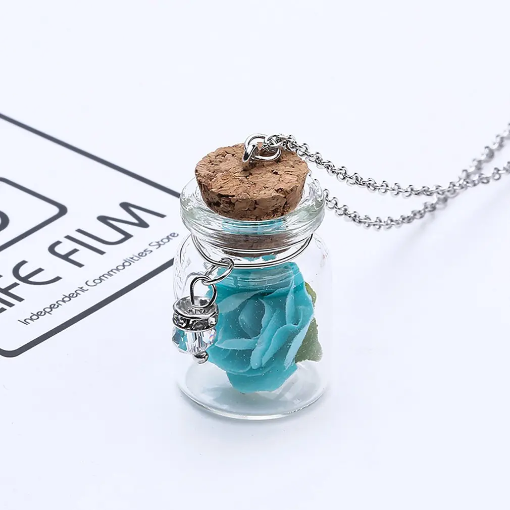 

Romantic Luminous Glow In Dark Rose Flower Pendant Necklace Fluorescent Glass Wish Bottle Chain Choker Necklace Gift Jewelry