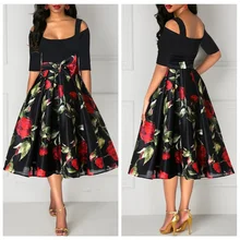 Женское платье с цветочным принтом больших размеров, с открытыми плечами, с высокой талией, трапециевидные Летние Осенние платья, модные уличные платья для женщин