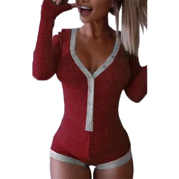 

New Women Romper Sexy Bodysuit V Neck Long Sleeve Bodycon Ribbed Kitted Buttons Short Body Top Cotton Femme Button Up M0598