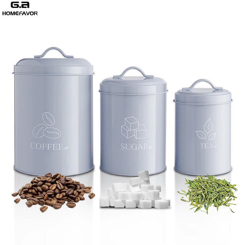 

3 Pcs Storage Boxes Coffee Sugar Tea Bin Canister Set Gray Food Container Factory Customized Fashion Metal Bucket With Seal Ring