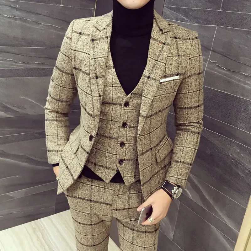 

New suit jacket+Vest+pants three pieces set men Plaid suits Asia size M-5XL High quality tuxedo mens