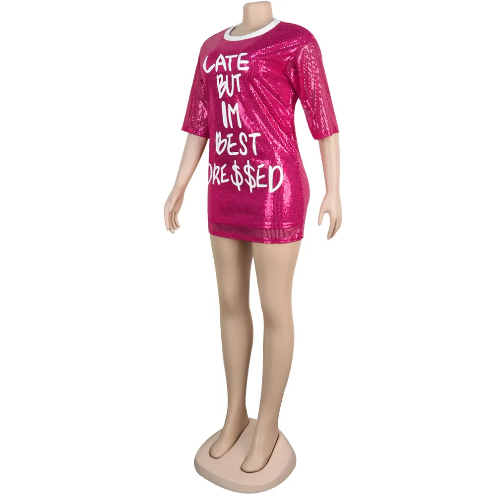 Vestido de Festa Letras Lantejoulas Emendadas Sexy Vestido Camiseta Feminina Gola Redonda Manga Três Quartos Curto Alta Rua Feminino Clube Solto 24 High Quality Moda Feminina