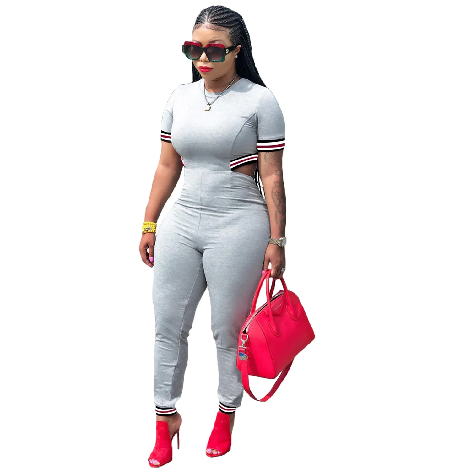 2019 explosion models Europe and the United States urban fashion women's webbing short-sleeved three-color jumpsuit trousers 2019 explosion models Europe and the United States urban fashion women's webbing short-sleeved three-color jumpsuit trousers