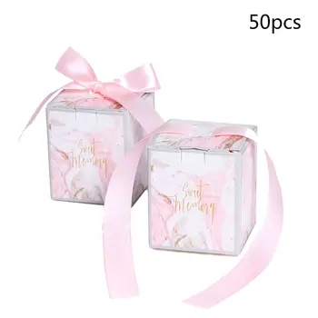 

50Pcs Pink Marble Style Wedding Favors Decor Candy Boxes with Ribbon Baby Shower