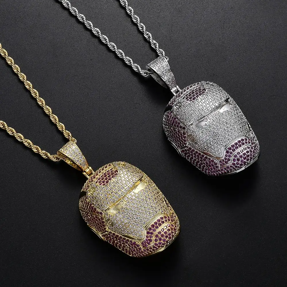 Hip Hop Micro Paved Pink White AAA Cubic Zirconia Bling Ice Out Cool Iron Man Pendants Necklace for Men Rapper Jewelry Gold