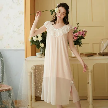 

Wasteheart Pink Women Homewear Female Sexy Sleepwear Night Dress Long Lace V Neck Nightwear Nightgown Sleepwear Court Gown