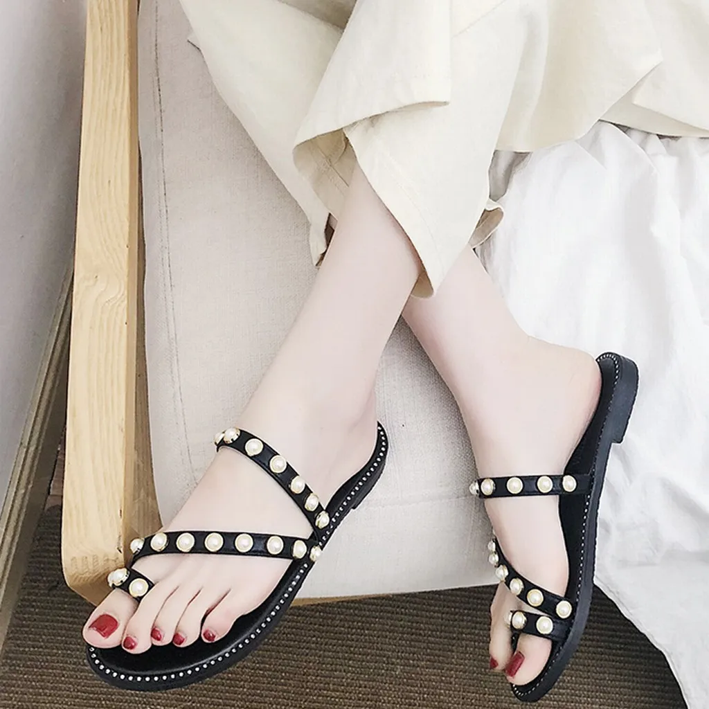 

MUQGEW Beading String Sippers Pearl Sandals Toe Clip Shoes Women Summer Square Heel Roud Toe Flat Slippers Shoes Sandals Women