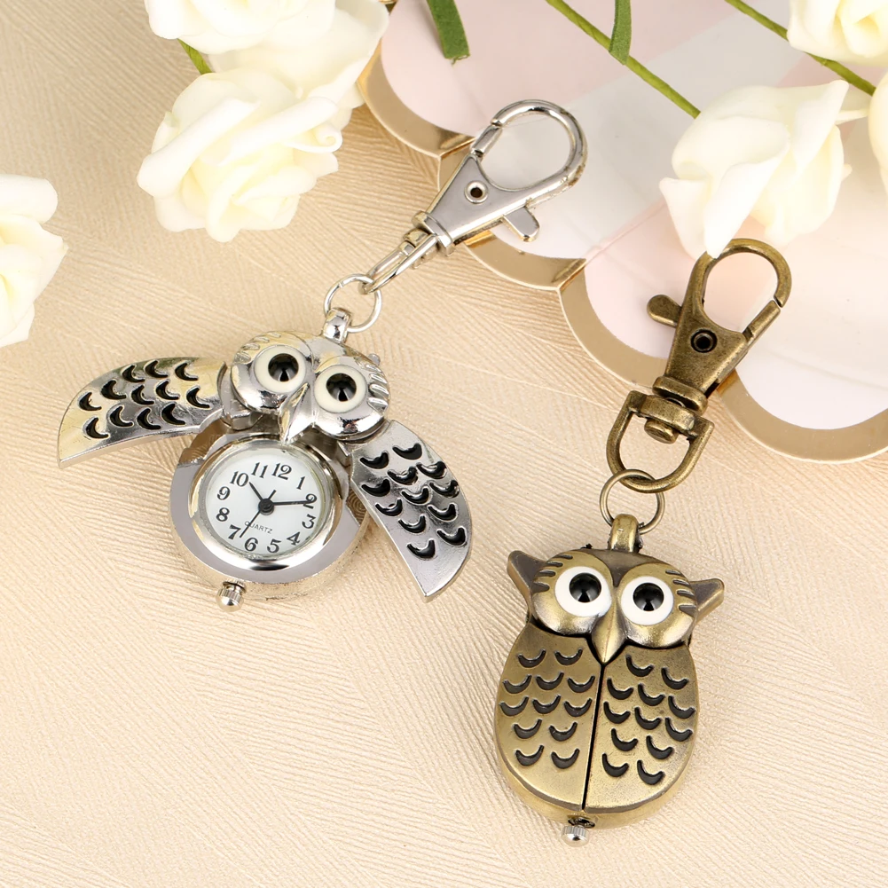 Cute Owl Key Chain Ring Pocket Watch for Women Simple White Dial with Arabic Numerals Clock Men Bronze Accessory Gift zakhorloge