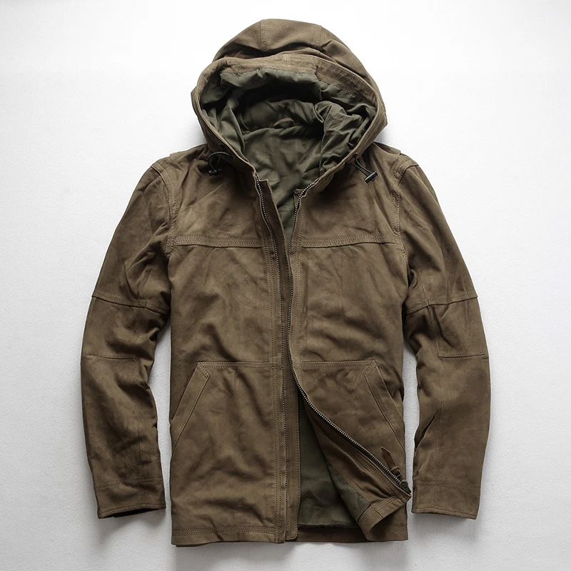 2022 men's hooded suede leather jacket solid casual genuine leather coat men soft sheepskin casual windbreaker male cowhide print jacket