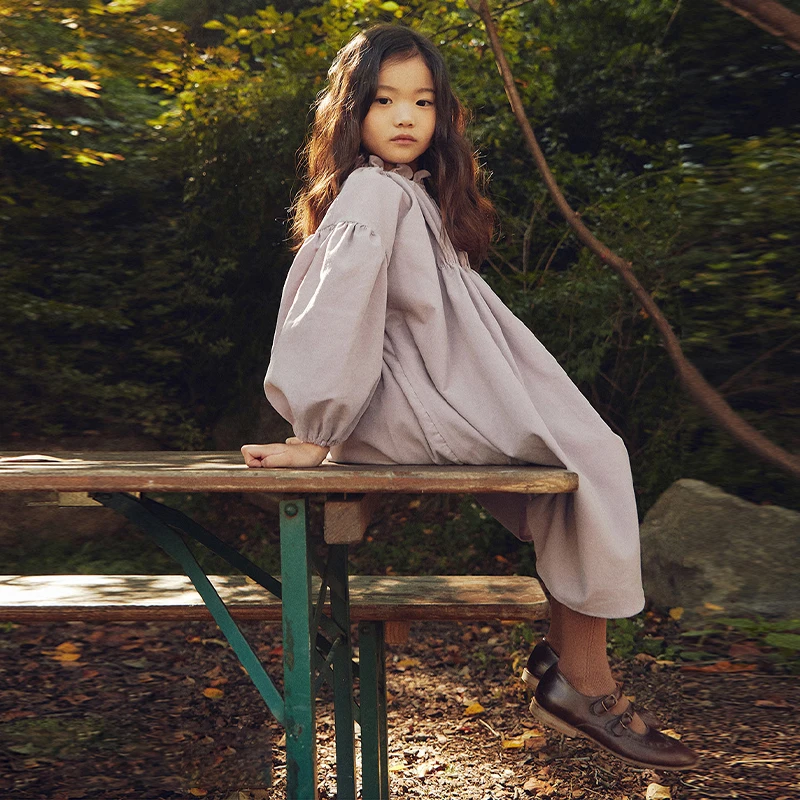 Girls Retro Long-Sleeve Cotton And Linen Dress Spring Autumn Children Lantern Sleeve Casual Loose Princess Dresses