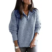 Женский свитер на молнии с отворотом, сплошной цвет, длинный рукав, Свободный вязаный пуловер, свитер, топ, новинка