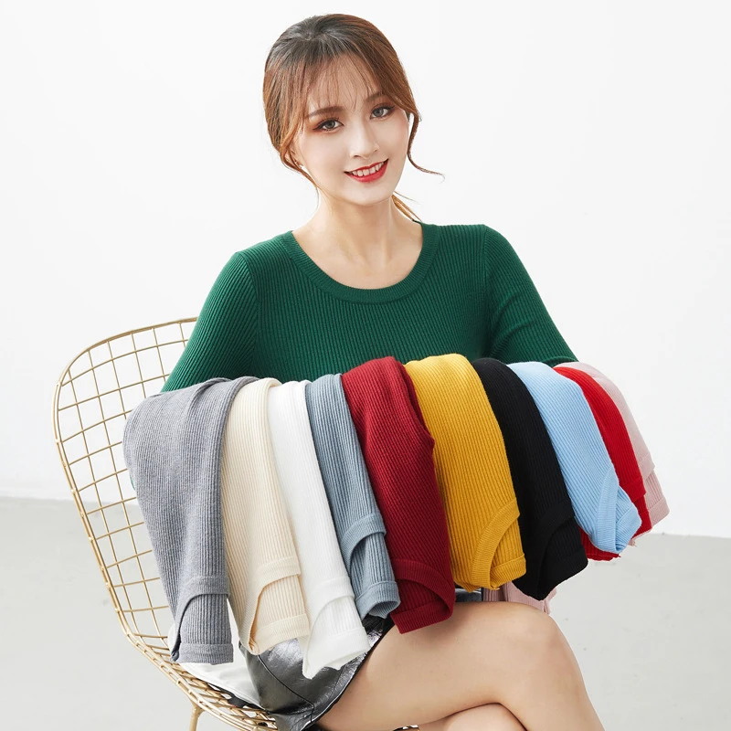Fashion new women's long sleeve sweater Korean Round neck slim long soft thin Knitwear inside sleeve all-match pullover top 2