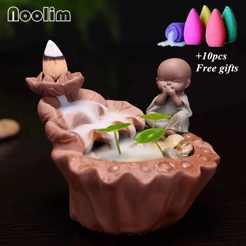 Purple Clay Zen Small Monk Backflow Incense Burner Ceramic Lotus Waterfall Incense Cones Holder Home Decor+ 10pcs Free Cones - Цвет: With 10pcs mixed-A