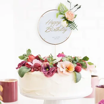 

1set Floral happy birthday cake topper Metal frame wreath artificial flowers cake decor topper kids adult birthday party decor