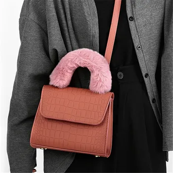 

Kawaii Plush Handle Women Tote Bags Retro Stone Pattern Flap Shoulder Messenger Bag Quality Leather Designer Handbags Sacs Cabas