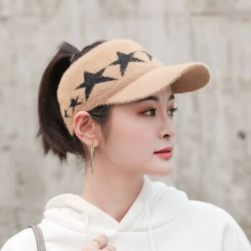 Fashion Empty Top Hats for Winter Knitted Hat Women Striped Thicken Ladies Cold Beanies Warm Cap Bonnet Femme Baseball caps - Цвет: Khaki