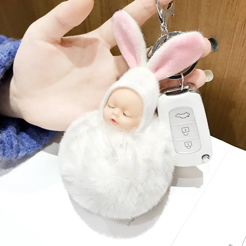 Милая мультяшная игрушка на кольцо для ключей с заячьими ушками, спящий детский брелок, пушистый помпон, автомобильный брелок, подвеска для девочки