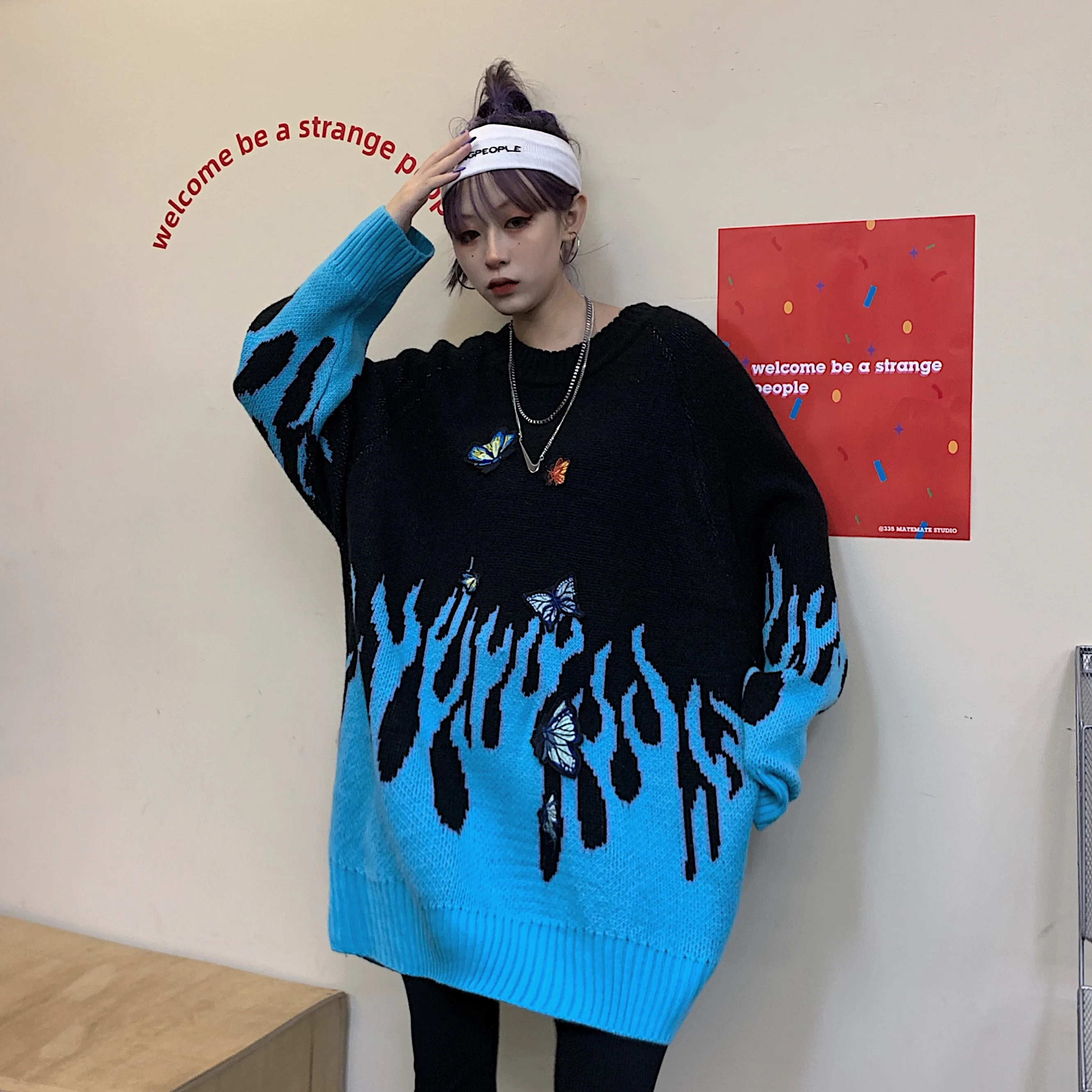 Woherb осень зима для женщин мужчин Harajuku пламя Вязание пуловер свитер бабочка аппликация патч негабаритных джемпер верхняя одежда