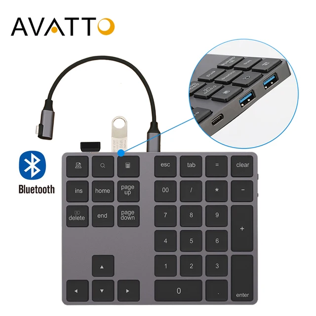 AVATTO Aluminum Alloy Bluetooth Wireless Numeric Keypad with USB HUB Digital Input Function for Windows Mac