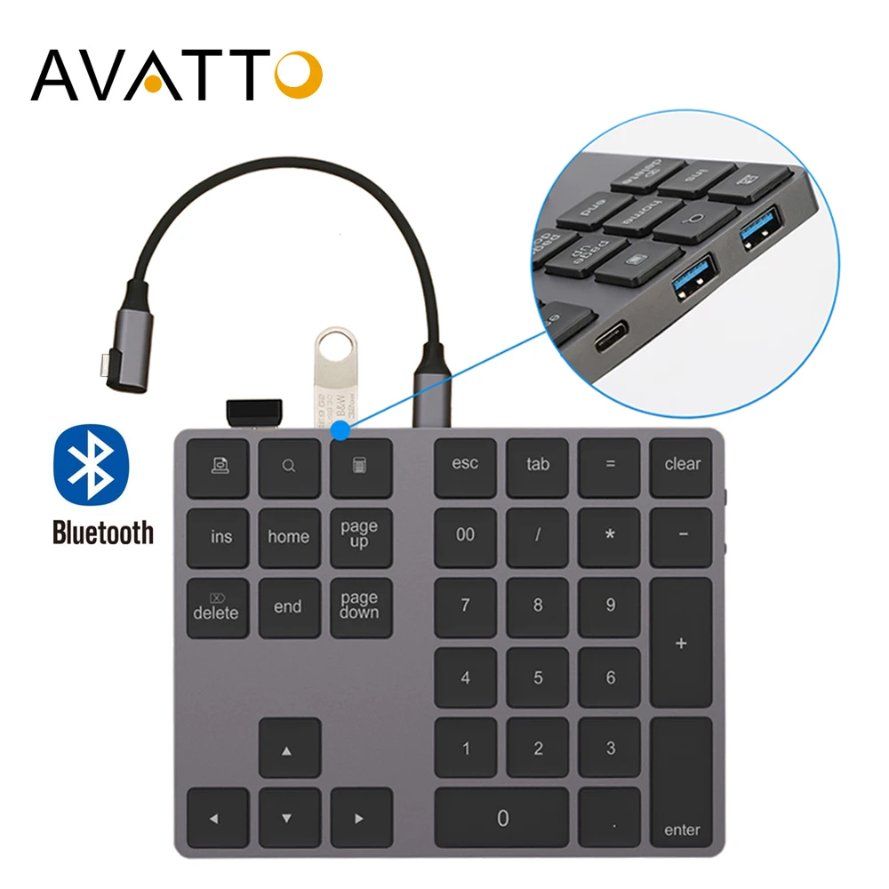 Скидка AVATTO алюминиевый сплав Bluetooth беспроводная цифровая клавиатура с usb хаб функция цифрового ввода для Windows, Mac OS, Android портативных ПК