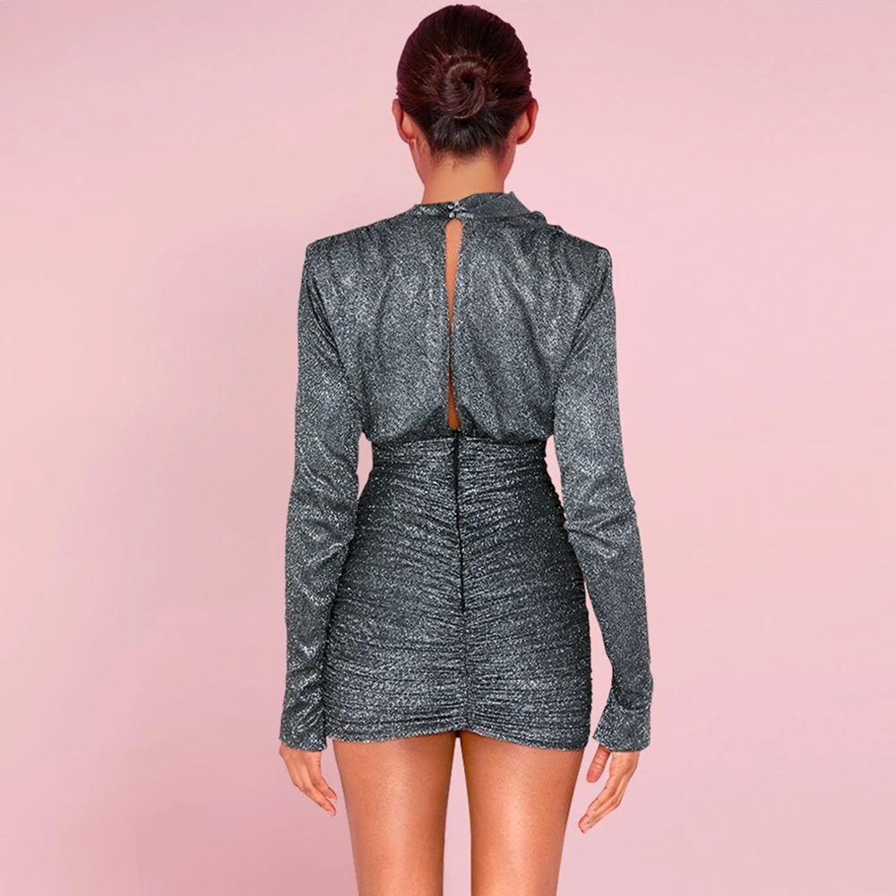 Ocstrade Серебряный Круглый шею с длинным рукавом Мини Морщин вырез Bodycon платье HI1127-Silver