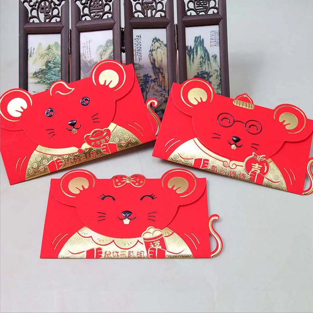 Besegad 6 шт китайские красные конверты год крысы Hong Bao счастливые деньги пакеты на Лунный год, праздник весны случайный стиль