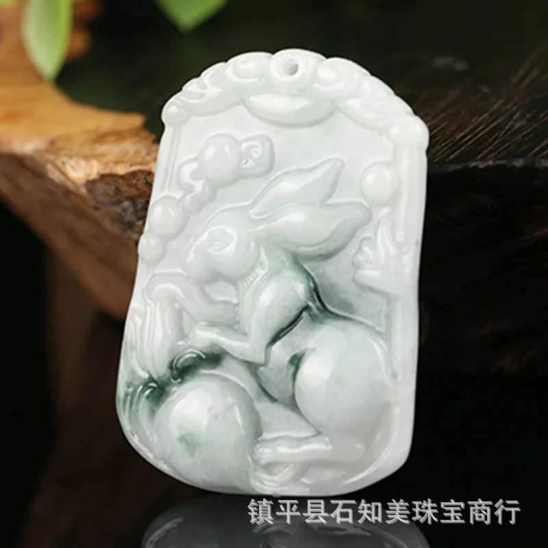 rabbit Natural Emerald Chinese Zodiac Pendant Necklace Charm Jewellery Fashion Accessories Hand-Carved Man Woman Amulet Gifts Free rope - Цвет камня: rabbit